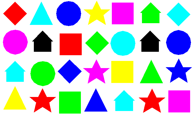A lot of shapes, randomly coloured, randomly placed