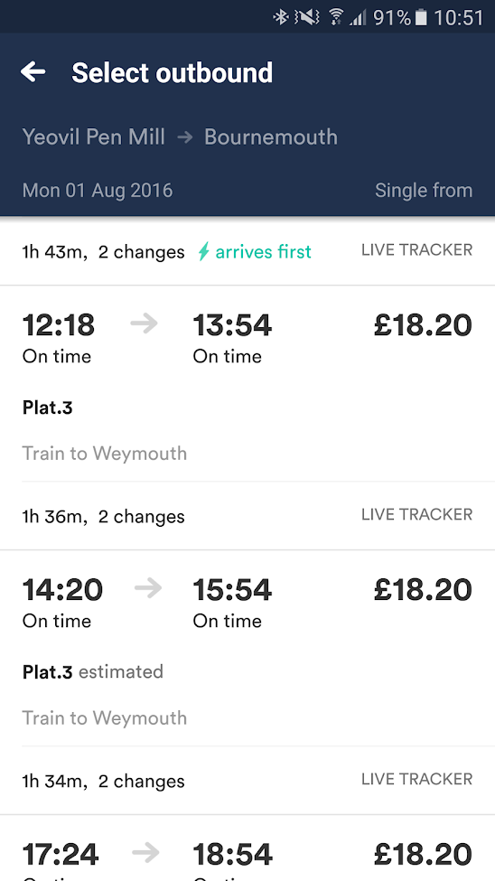 Yeovil train times in the app
