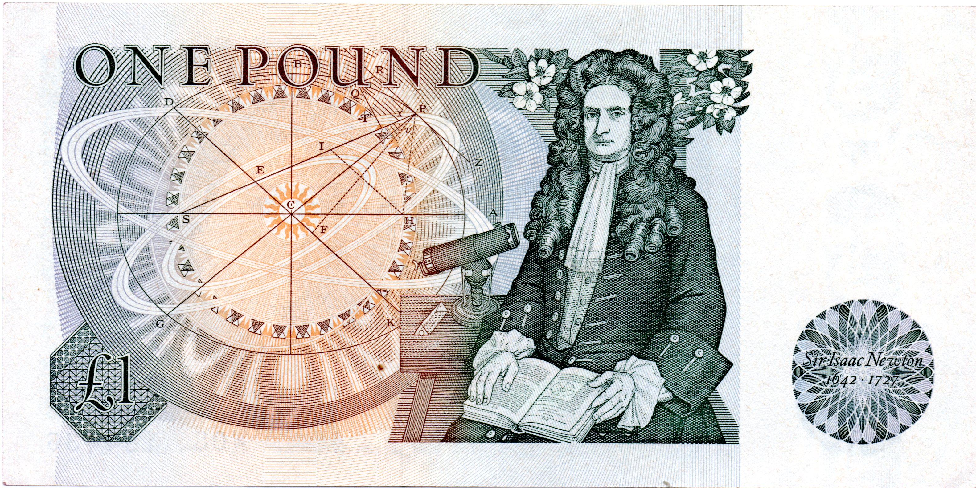 A British £1 note featuring Newton and giving his dates as 1642-1727 